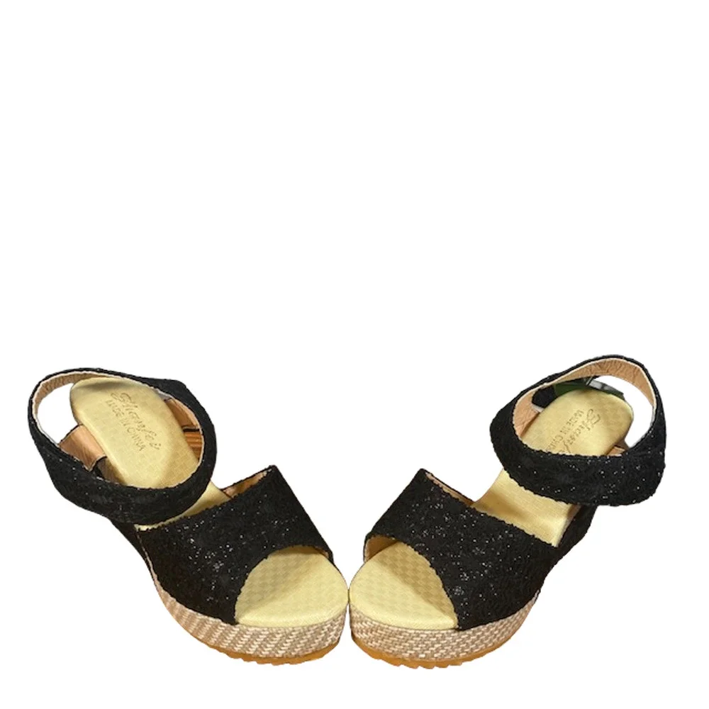 Women’s Metallic Black Wedge Espadrille Sandals Ankle Strap Velcro Size EU 38